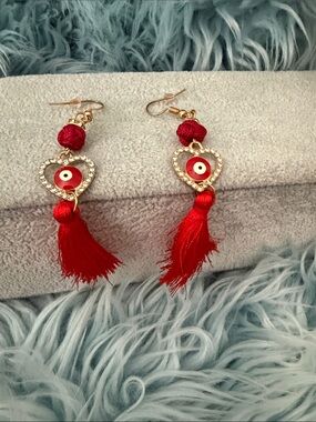 Women's Red Heart Tassel Earrings with Evil Eye Accent